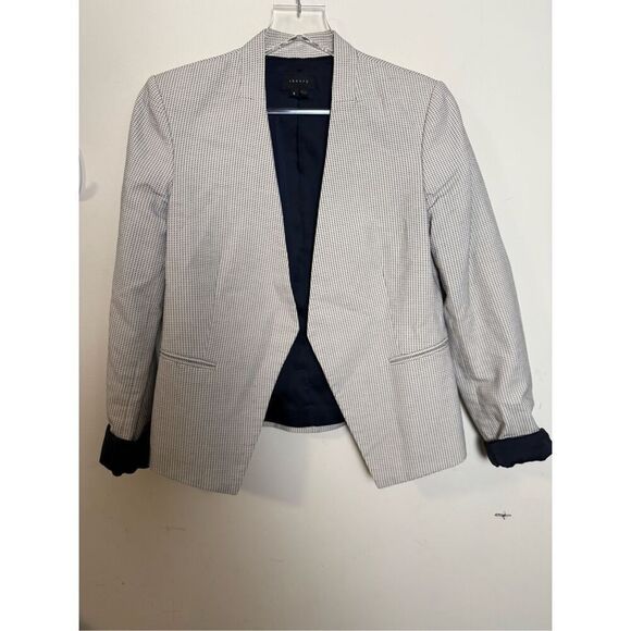 Theory Collarless Cotton Blazer Lanai Brink Open Front Polka Micro Dot Lined 8 - Picture 1 of 4